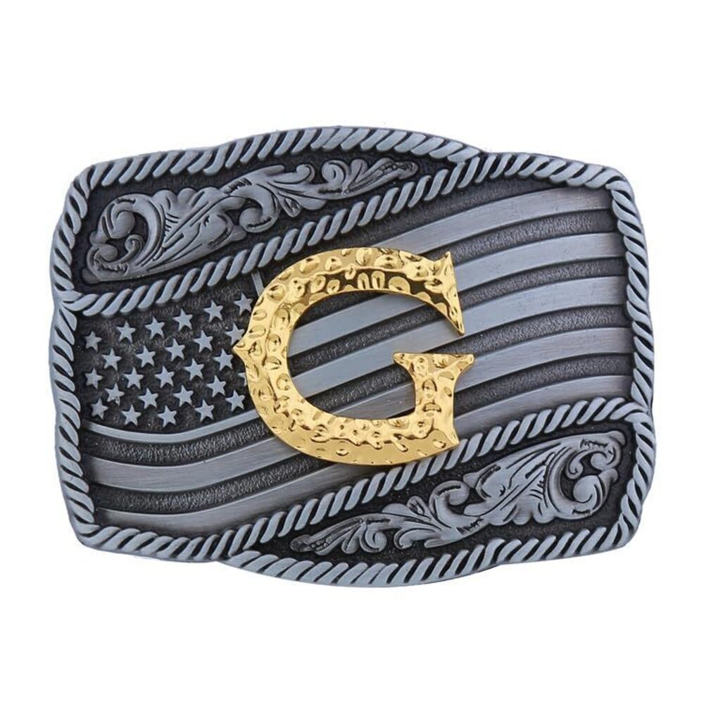 7126 Western Cowboy Belt Buckle , Initial Letters American Flag Belt Buckle